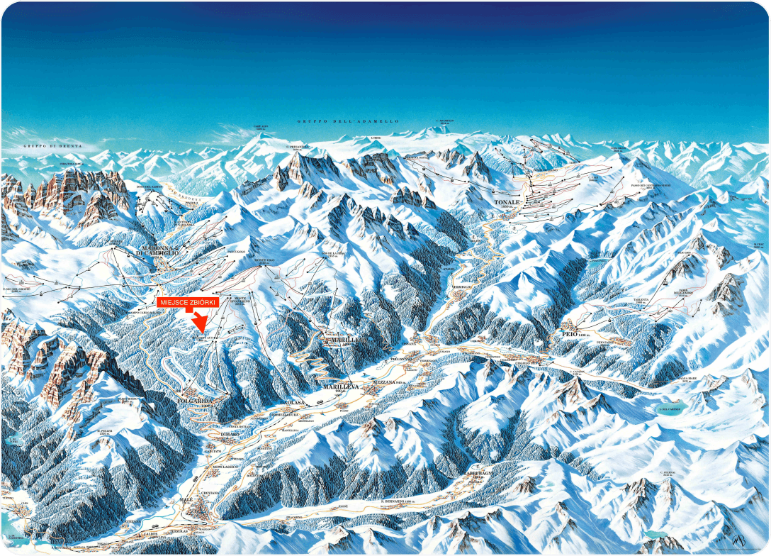 Mapa rejonu narciarskiego Val di Sole z zaznaczonym miejscem zbiórki grup (Malghet Aut)